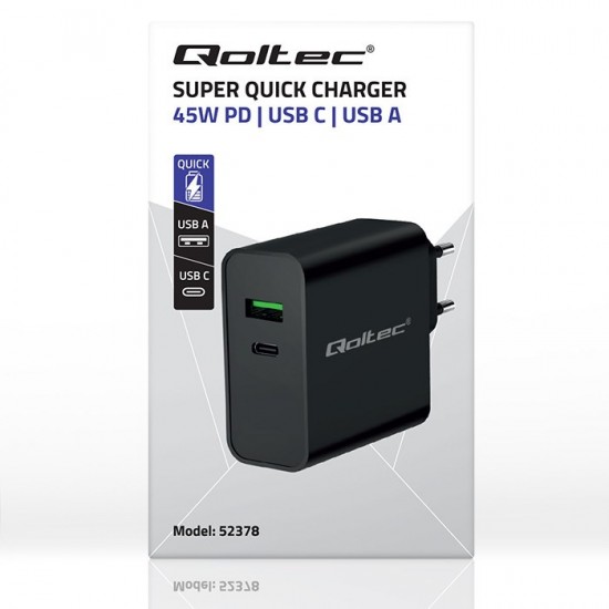 Qoltec 52378 Super Quick PD Charger | 1xUSB-C | 1xUSB | 45W | 5-20V | 2.25-3A | Black