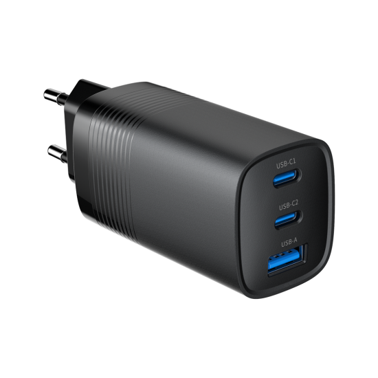 Gembird TA-UC-PDQC65-01-BK 3-port 65 W GaN USB PowerDelivery fast charger, black