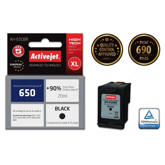 Activejet AH-650BR ink (replacement for HP 650 CZ101AE; Premium; 20 ml; black)