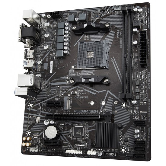 Gigabyte A520M S2H Motherboard - Supports AMD Ryzen 5000 Series AM4 CPUs, 4+3 Phases Pure Digital VRM, up to 5100MHz DDR4 (OC), PCIe 3.0 x4 M.2, GbE LAN, USB 3.2 Gen 1