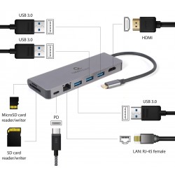 Gembird A-CM-COMBO5-05 USB Type-C 5-in-1 multi-port adapter (Hub + HDMI + PD + card reader + LAN)