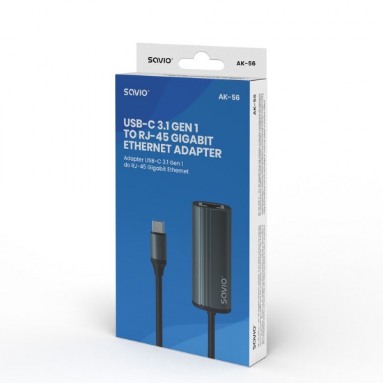 SAVIO Adapter USB-C 3.1 Gen.1 (M) to RJ-45 Gigabit Ethernet (F), 1000 Mbps, AK-56, grey