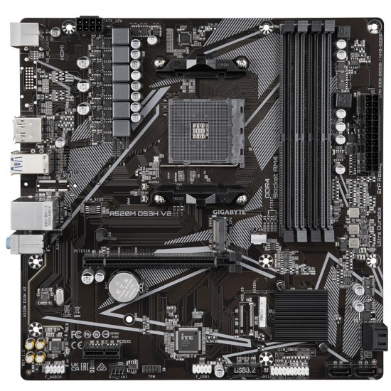 Gigabyte A520M DS3H V2 Motherboard - Supports AMD Ryzen 5000 Series AM4 CPUs, up to 4733MHz DDR4 (OC), PCIe 3.0 x16, GbE LAN, USB 3.2 Gen 1