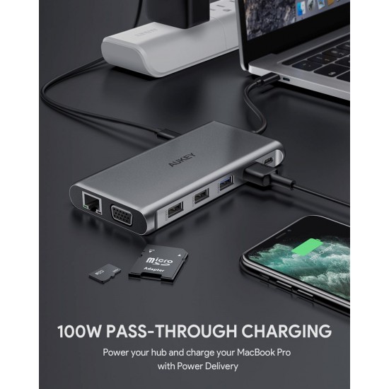 AUKEY CB-C78 interface hub 5000 Mbit/s Black | Aluminium | 12in1 | RJ45 Ethernet 10/100/1000Mbps | 2xUSB 3.1 | 2xUSB 2.0 | 2xHDMI 4k@30Hz | VGA | SD & microSD | USB-C