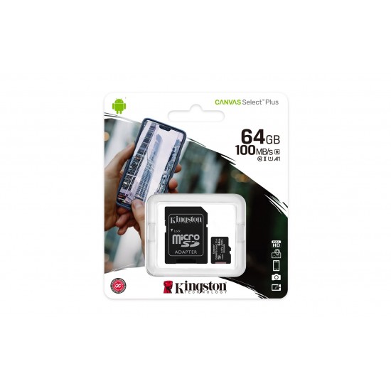 Kingston Technology 64GB micSDXC Canvas Select Plus 100R A1 C10 Card + ADP