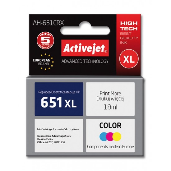 Activejet AH-651CRX ink (replacement for HP 651 C2P11AE; Premium; 18 ml; color)