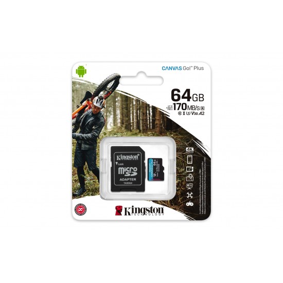 Kingston Technology 64GB microSDXC Canvas Go Plus 170R A2 U3 V30 Card + ADP