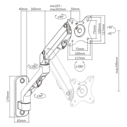 Gembird MA-WA1-02 Adjustable wall display mounting arm, 17”-27”, up to 7 kg