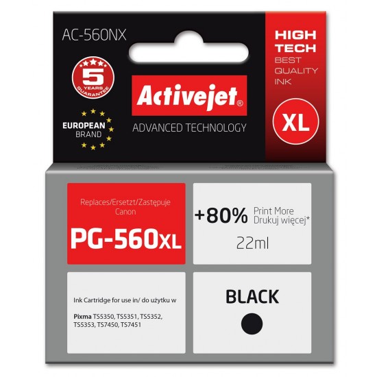 Activejet AC-560NX Printer Ink for Brother, Replacement Canon PG-560XL; Supreme; 22 ml; black