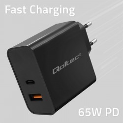 Qoltec 52380 Super Quick PD Charger | 1xUSB-C | 1xUSB | 65W | 5-20V | 1.5-3.25A | Black