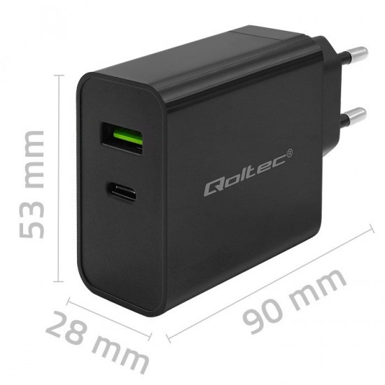 Qoltec 52378 Super Quick PD Charger | 1xUSB-C | 1xUSB | 45W | 5-20V | 2.25-3A | Black