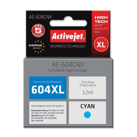 Activejet AE-604CNX Ink Cartridge (replacement for Epson 604XL C13T10H24010; Supreme; yield of 350 pages; 12 ml; cyan)