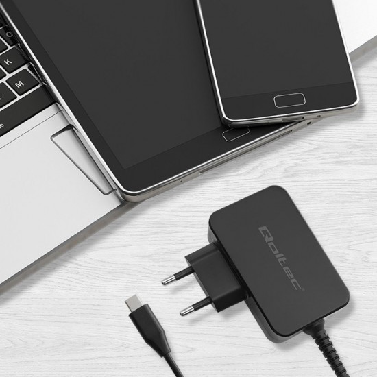 Qoltec 52385 GaN POWER PRO charger | 1xUSB-C | 45W | 5-20V | 2.25-3A | Black