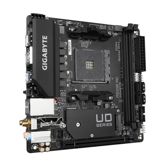 Gigabyte A520I AC Motherboard - Supports AMD Ryzen 5000 Series AM4 CPUs, 6 Phases Digital VRM, up to 5300MHz DDR4 (OC), 1xPCIe 3.0 M.2, WIFI, GbE LAN, USB 3.2 Gen1