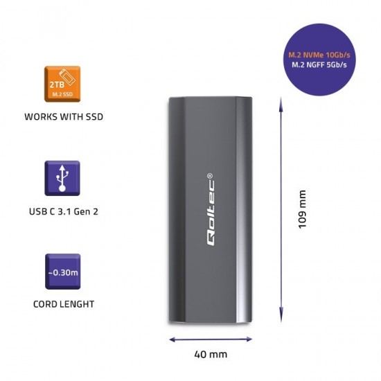 Qoltec 52271 Enclosure NV2271 for drive M.2 SSD | SATA | NVMe | USB-C | 2TB