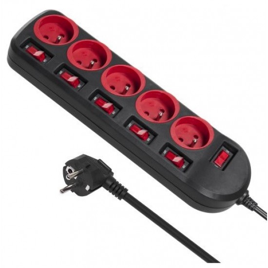 Maclean MCE204 power extension 1.5 m 5 AC outlet(s) Indoor Black, Red