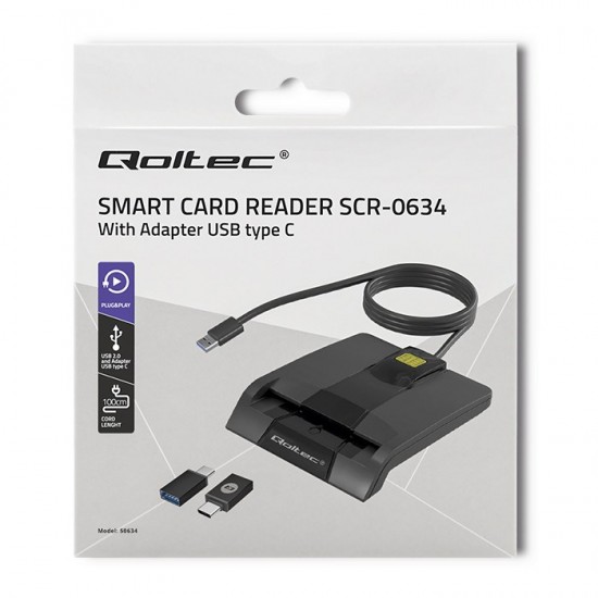 Qoltec 50634 Intelligent Smart ID chip card reader SCR-0634 | USB Type C