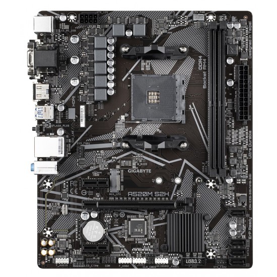 Gigabyte A520M S2H Motherboard - Supports AMD Ryzen 5000 Series AM4 CPUs, 4+3 Phases Pure Digital VRM, up to 5100MHz DDR4 (OC), PCIe 3.0 x4 M.2, GbE LAN, USB 3.2 Gen 1