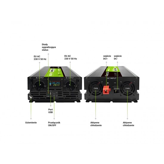 Green Cell Przetwornica napicia PowerInverter LCD 24 V 3000W/60000W Przetwornica samochodowa z wywietlaczem - czysty sinus power adapter/inverter Auto Black