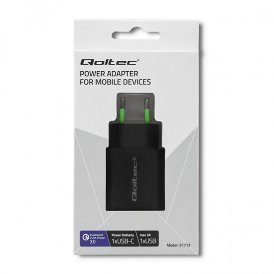 Qoltec 51713 Charger | 18W | 5-12V | 1.5-3A | USB type C PD | USB QC 3.0 | Black