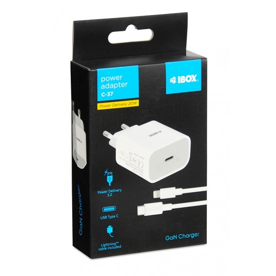 Wall charger iBOX C-37 GaN PD20W, white