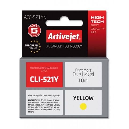 Activejet ACC-521YN Ink cartridge (replacement for Canon CLI-521Y; Supreme; 10 ml; yellow)