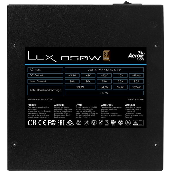 Aerocool LUX850 PC Power Supply 850W 80 Plus Bronze 230V 88% Efficiency Black