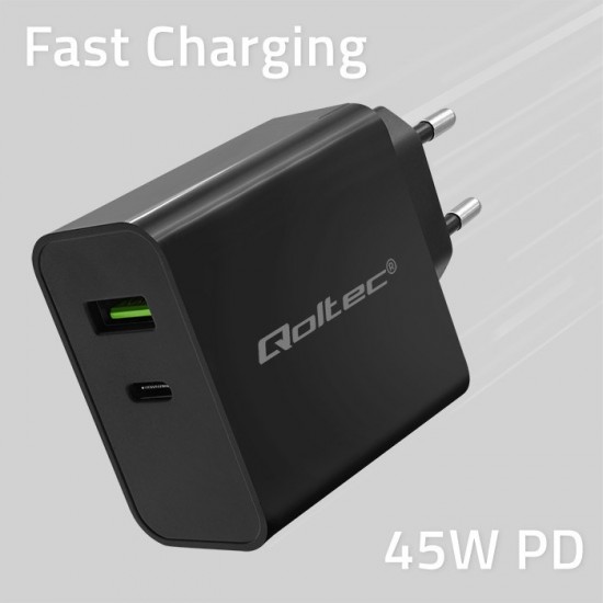 Qoltec 52378 Super Quick PD Charger | 1xUSB-C | 1xUSB | 45W | 5-20V | 2.25-3A | Black