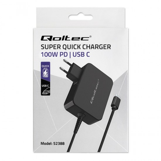 Qoltec 52388 GaN POWER PRO charger | 1xUSB-C | 100W | 5-20V | 3-5A | Black