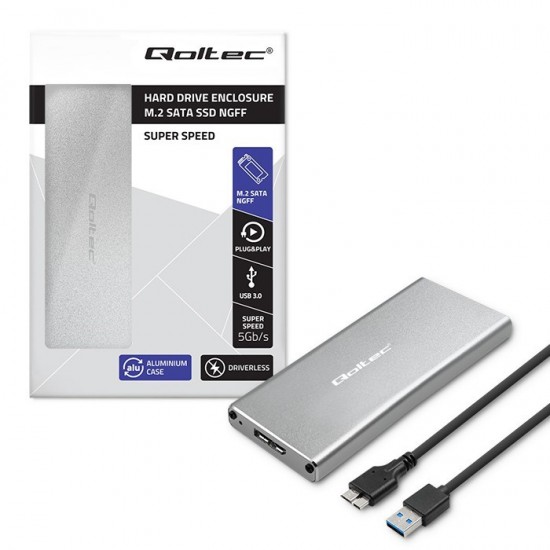 Qoltec 51833 Enclosure | M.2 SSD drive | SATA | NGFF| USB 3.0 | Super speed 5GB/s | 2TB | Silver