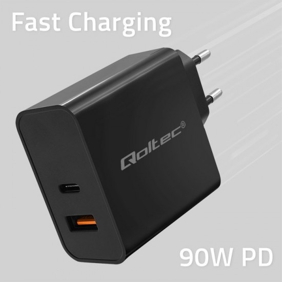 Qoltec 52381 Super Quick PD charger | 1xUSB-C | 1xUSB| 90W | 5-20V | 2.4-4.35A | Black