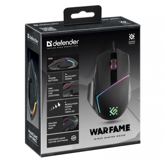 Gaming, optic, wired mouse  DEFENDER GM-880L WARFAME 12800dpi 8P RGB