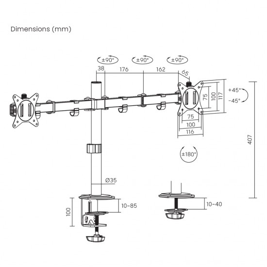 Maclean desk mount for 2 monitors, VESA 75x75 and 100x100, 17-32