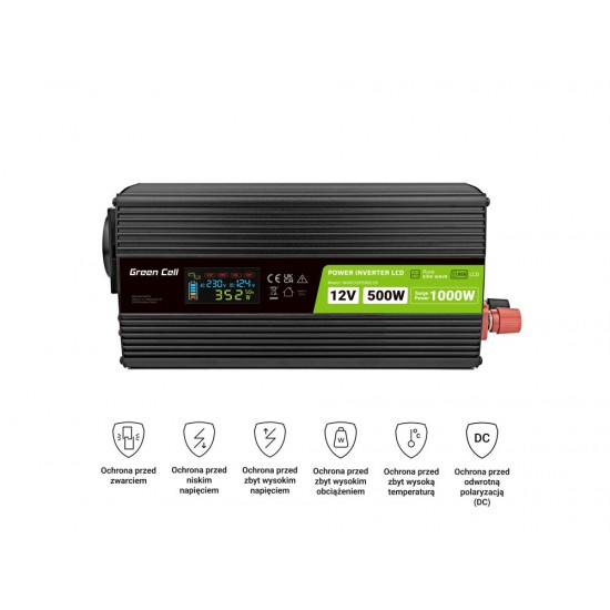 Green Cell PowerInverter LCD 12V 500W/10000W car inverter with display - pure sine wave