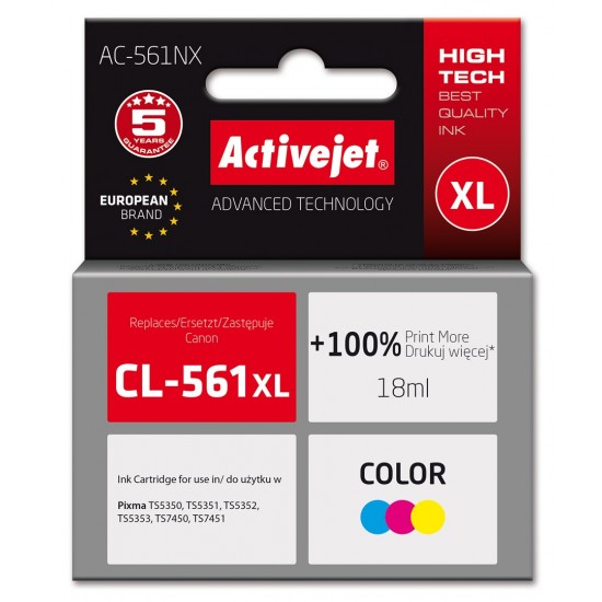 Activejet AC-561NX Printer Ink for Brother, Replacement Canon CL-561XL; Supreme; 18 ml; Color