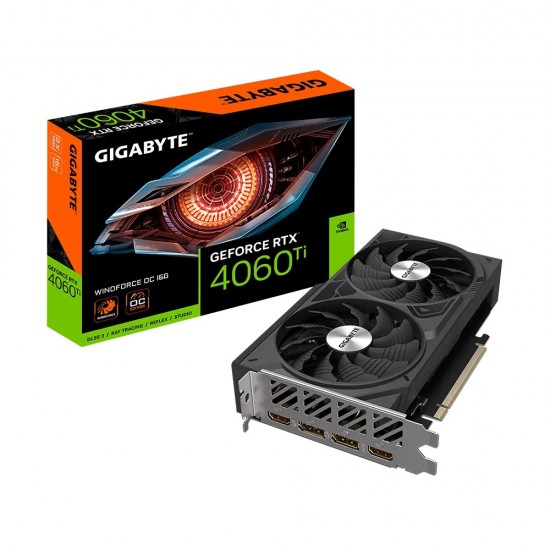 Gigabyte GeForce RTX 4060 Ti WINDFORCE OC 16G Graphics Card - 16GB GDDR6, 128bit, PCI-E 4.0, 2565MHz Core Clock, 2 x DisplayPort 1.4a, 2 x HDMI 2.1a, NVIDIA DLSS 3, GV-N406TWF2OC-16GD