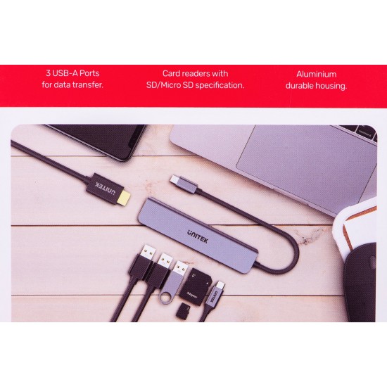 UNITEK HUB USB-C H1118A; USB-A x3, USB-C, HDMI, SD, microSD