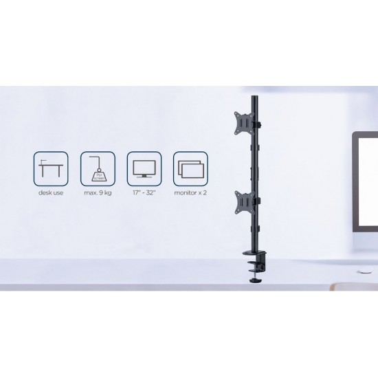 Gembird MA-D2-02 Adjustable 2-display vertical desk mount, 17”-32”, 9kg