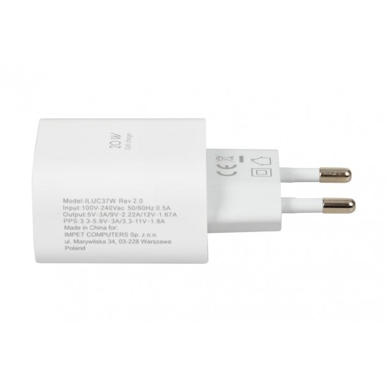 Wall charger iBOX C-37 GaN PD20W, white