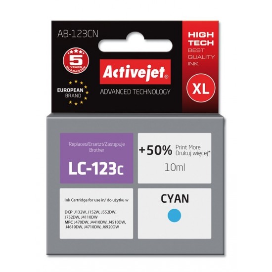 Activejet AB-123CN ink (replacement for Brother LC123C/LC121C; Supreme; 10 ml; cyan)