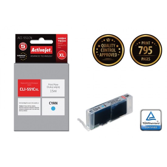 Activejet ACC-551CN Ink cartridge (replacement for Canon CLI-551C; Supreme; 15 ml; cyan)